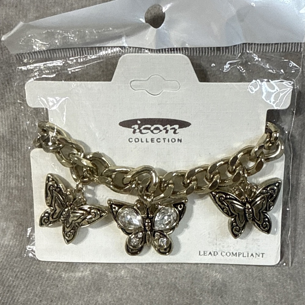 Icon Collection Butterfly Charm Bracelet Gold tone White Crystal